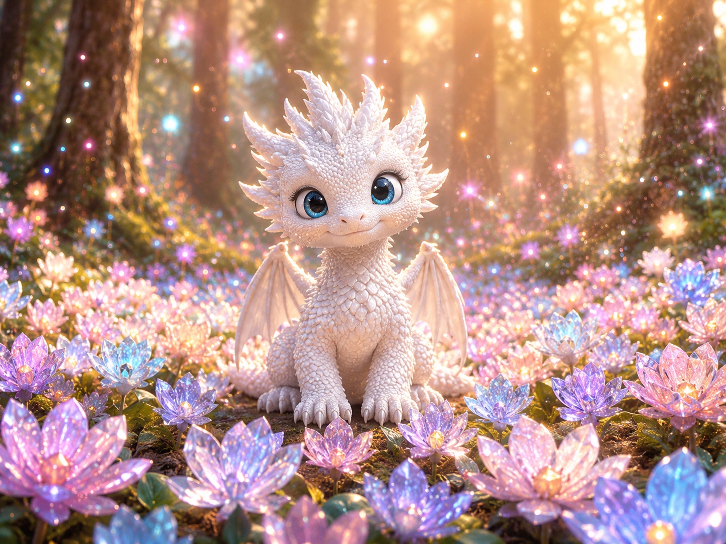 A friendly white baby dragon among glowing crystal flowers
