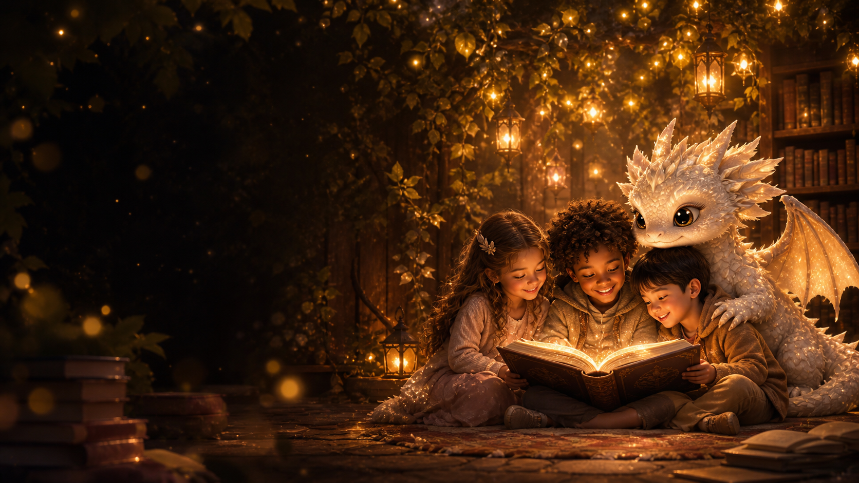 Children reading a glowing book beside a friendly white dragon in an enchanted library